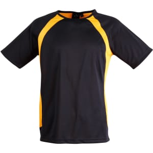 A men's t-shirt featuring a black body with yellow accents and short sleeves, complete with a logo.