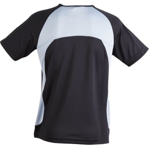 A black and light blue men's t-shirt with a sporty design and a logo on the front.