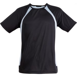 A black men's t-shirt with light blue accents and a logo. It features a short sleeve and sporty design.