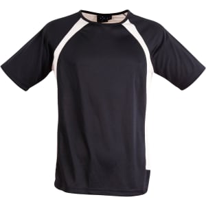 A men's short-sleeve tee shirt in navy with cream side panels. Features a logo on the collar.