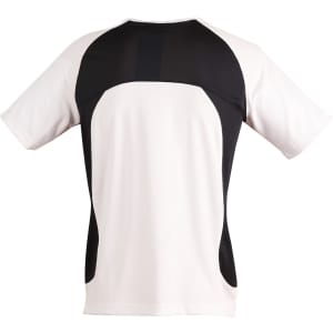 A men's T-shirt featuring a white and black design with a logo on the back.
