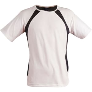 A men's premier tee shirt in white and black with short sleeves and a sleek design. It features a logo.