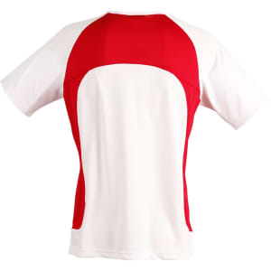 A men's t-shirt with a white body and red accents, featuring a sporty design and a logo on the front.