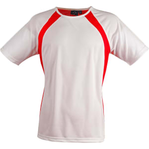 A white men's tee shirt with red side panels and short sleeves, featuring a logo on the neckline.
