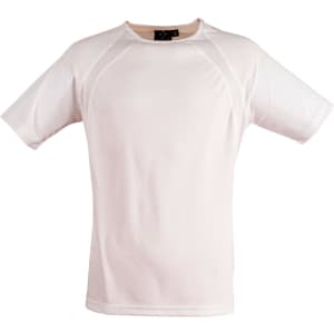 A light-coloured men's t-shirt with short sleeves and mesh detail. It features a branding logo on the neck label.