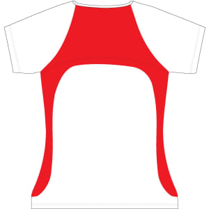 A ladies' t-shirt featuring red and white colours with a sporty design and branding on the front.