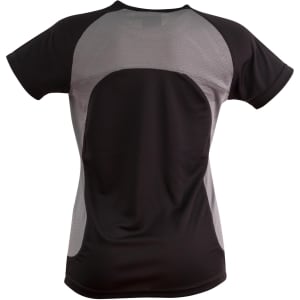 A black and grey ladies' t-shirt featuring a sleek design and mesh panels for breathability.