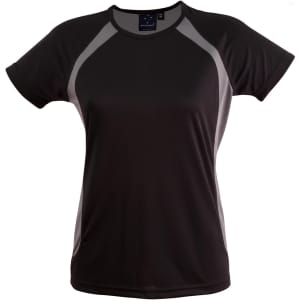 A black ladies' T-shirt with mesh detailing on the sides, featuring a logo on the neckline.