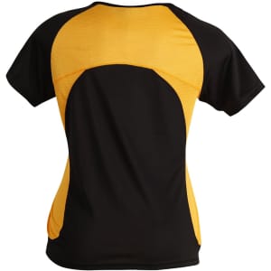 A black and yellow ladies' T-shirt with a mesh design on the back. It features a branding logo.