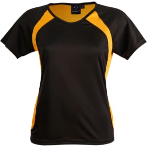 A black and orange ladies' tee shirt featuring a sporty design with mesh panels on the sides and a logo.