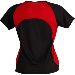 A black and red ladies' tee shirt featuring a sporty design and a logo on the back.