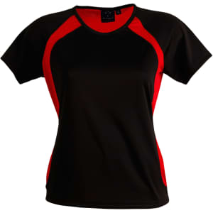 A black and red women's tee shirt with short sleeves and a fitted design. Features a logo on the label.