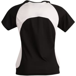 A black and white ladies' T-shirt with a mesh design on the back and short sleeves. It features a logo.