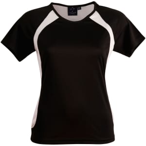 A black and white ladies' t-shirt featuring short sleeves and a sporty design, with a logo on the upper part.