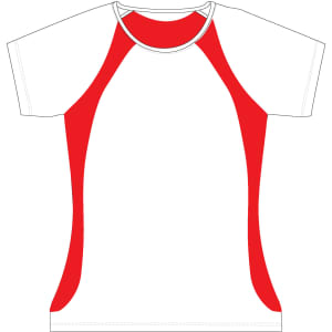A ladies' tee shirt featuring short sleeves with a red and white design and a logo on the front.