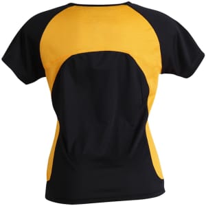 A black and yellow women's T-shirt featuring a mesh design on the back and a logo.