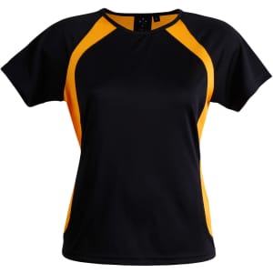 A black and yellow ladies' t-shirt with a sporty design and a logo.
