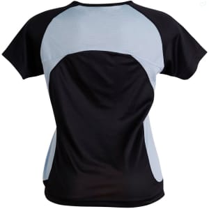 A black and light blue ladies' tee shirt featuring a stylish design and mesh detailing on the back.