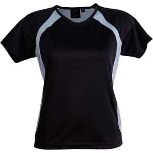 A black ladies' t-shirt featuring light blue mesh panels on the sides and a logo on the neckline.