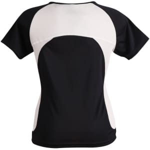 A ladies' T-shirt featuring a black body with white mesh panels, designed for comfort and style.