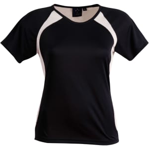 A black ladies' tee shirt featuring light beige accents and a logo on the label.