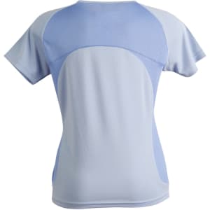 A light blue ladies' tee shirt featuring a mesh back and a logo. The design is sporty and fitted.