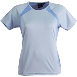 A light blue ladies' tee shirt with mesh side panels and a logo on the label.