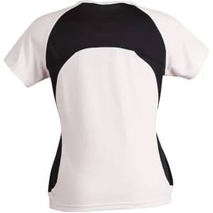 A ladies' tee shirt featuring a black and white design, with a fitted style and short sleeves. Includes a logo.
