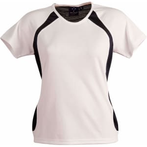 A ladies' tee shirt featuring a white body with black side panels, short sleeves, and a logo.