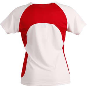 A red and white ladies' t-shirt featuring a sporty design and a logo on the back.