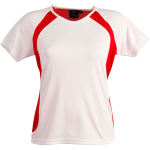 A ladies' premier tee shirt featuring white fabric with red accents and a logo on the neckline.