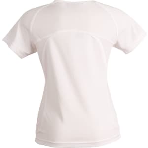 A ladies' tee shirt in white with a mesh back design and short sleeves, featuring a logo.