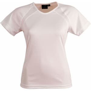 A ladies' premier tee shirt in light pink with short sleeves and a fitted design. It features a logo.