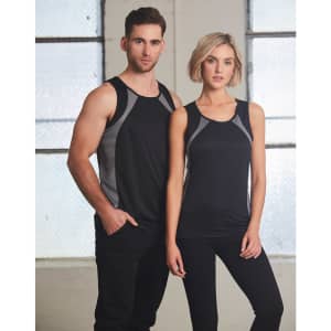 A black sprint singlet for women with grey detailing, featuring a logo, displayed on a model.