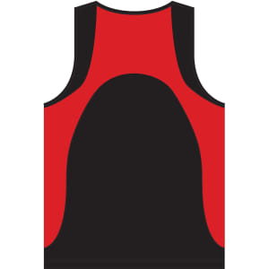 A men's sprint singlet featuring black fabric with red accents and a logo present.