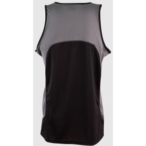 A black sprint singlet with a grey mesh back, featuring a logo on the fabric.