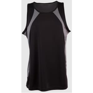 A black men's sprint singlet with grey mesh panels and a logo. Features a sleeveless design for active wear.