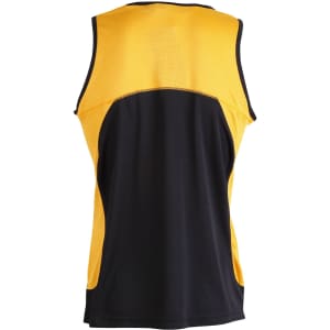 A yellow and black men's sprint singlet with a breathable mesh design and a branded logo on the back.