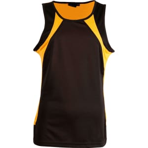 A black and yellow men's sprint singlet featuring a sporty design and mesh accents. It has a logo on it.