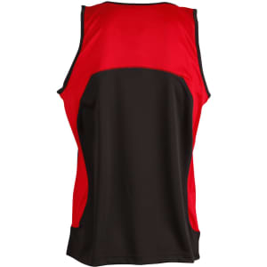 A men's singlet featuring a red and black design, with a breathable mesh back and a logo.