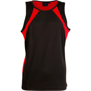 A black and red men's sprint singlet featuring a contrasting design and a logo on the chest.