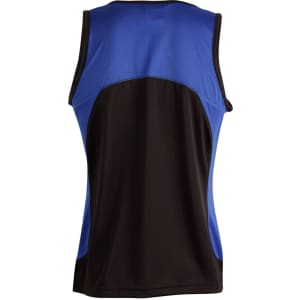 A men's sprint singlet featuring a black and blue design with a mesh back. The top includes a logo.