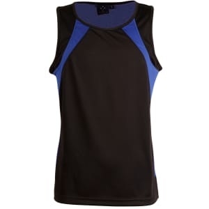 A black and blue men's sprint singlet featuring a sleek design and a logo on the label.