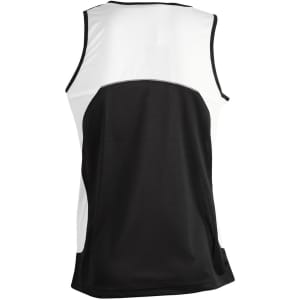 A black and white men's sprint singlet featuring a mesh back and a logo.