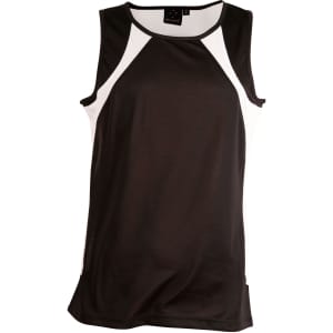 A black men's sprint singlet featuring white mesh panels on the sides and a logo on the label.