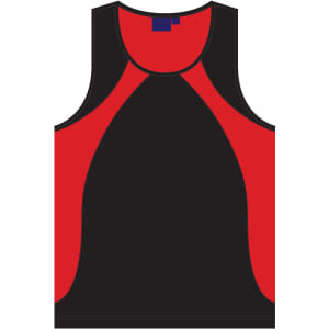 A black and red men's sprint singlet with a contrasting design and a logo on the front.