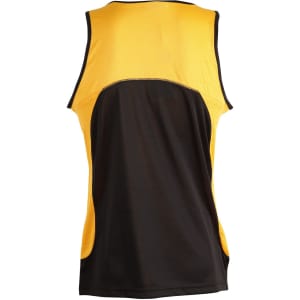 A men's sprint singlet in black and yellow, featuring a mesh design and a logo.