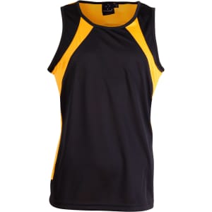 Men's sprint singlet featuring black fabric with yellow mesh panels. Includes a logo or branding.