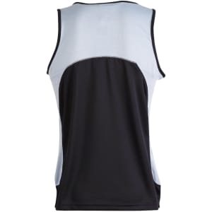 A men's sprint singlet featuring a black body and light blue mesh panels, with a logo on the back.