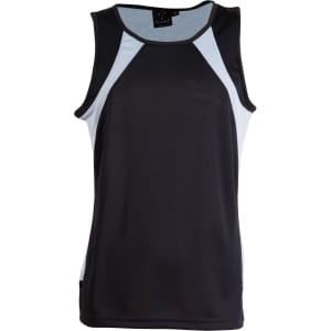 A men's singlet featuring a black body and light blue mesh accents, designed for athletic wear. It has a logo.